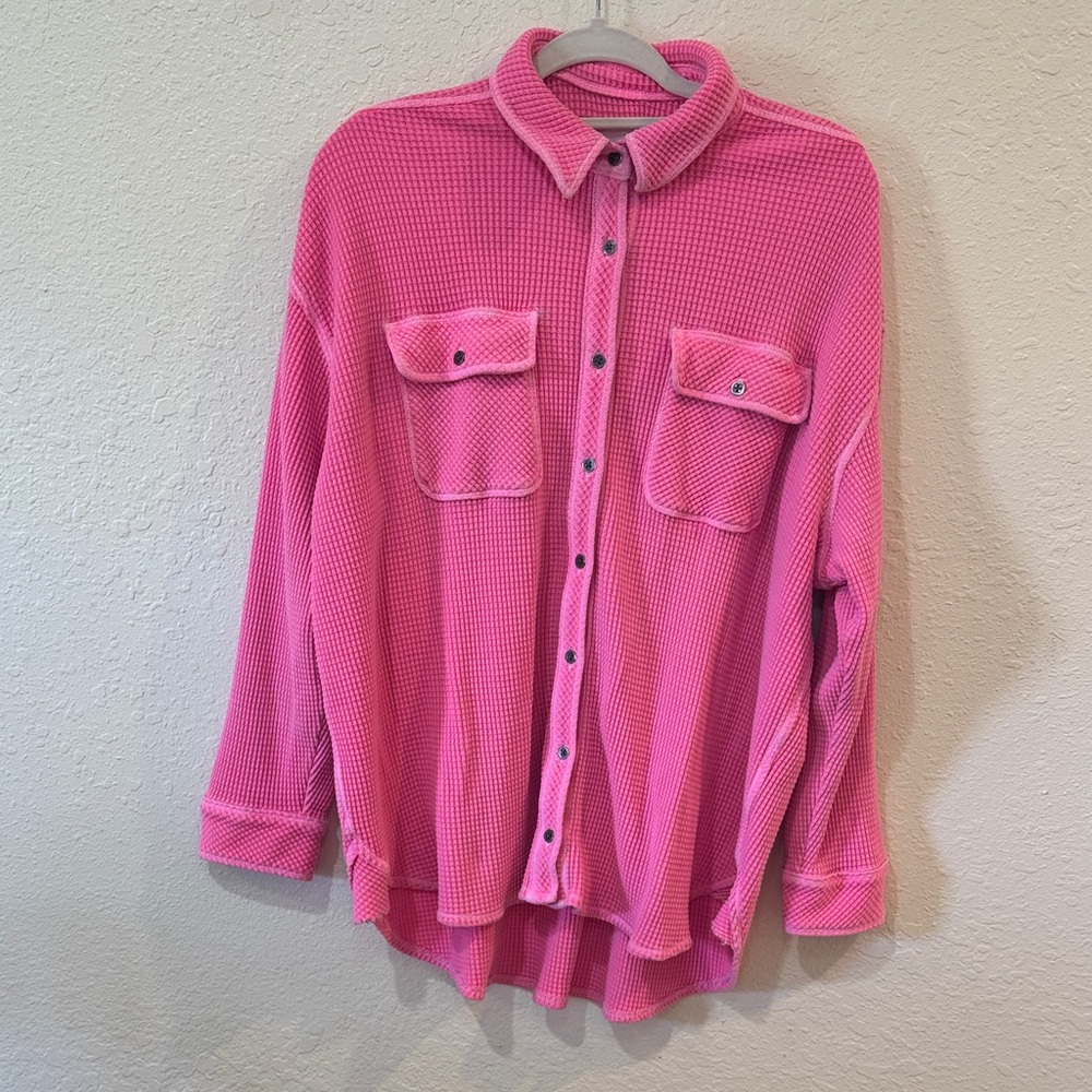 aerie Bright Pink Waffle Button-Down Shirt